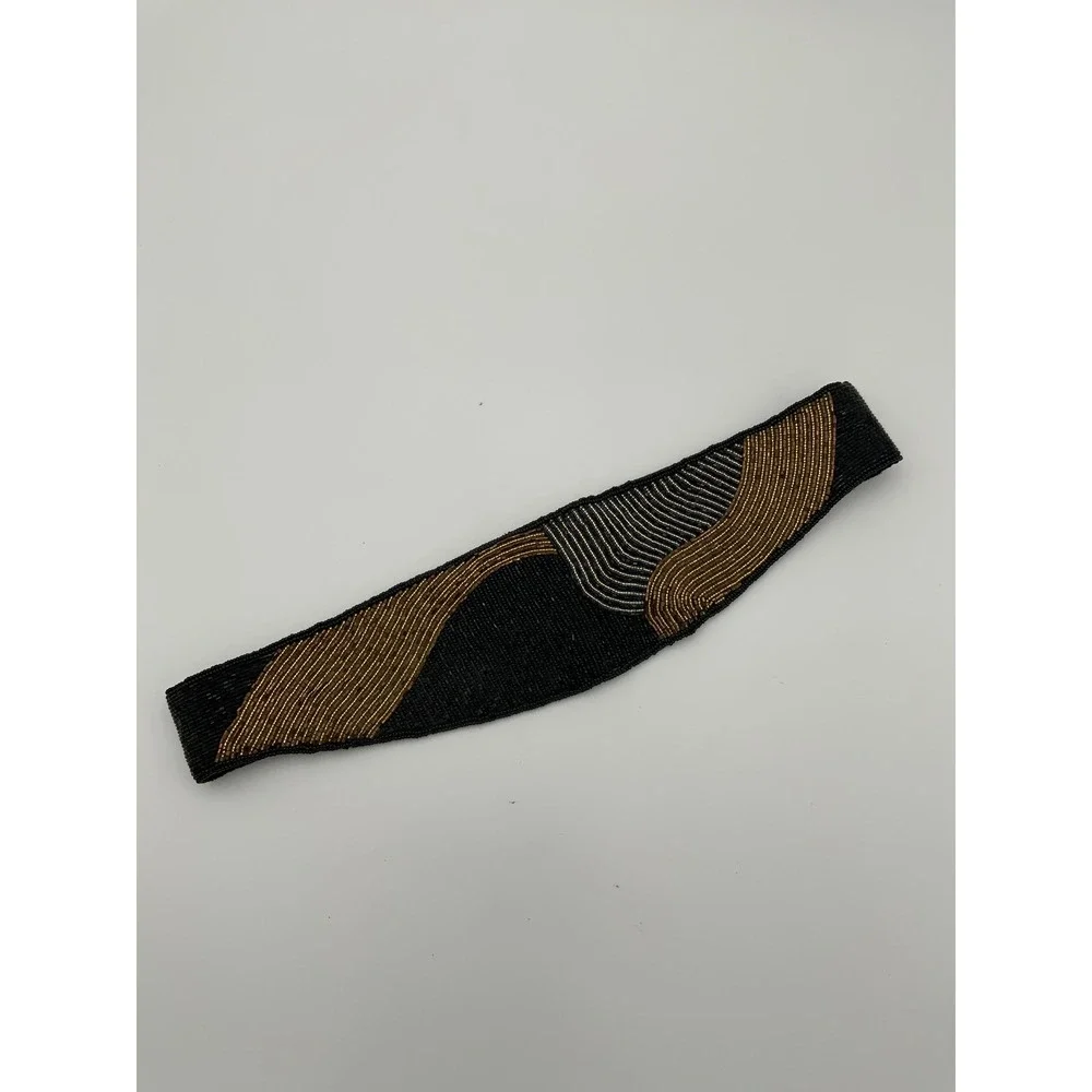 Vintage DeLill Hand Beaded Waist Belt Black Gold Silver Abstract Wave Macau